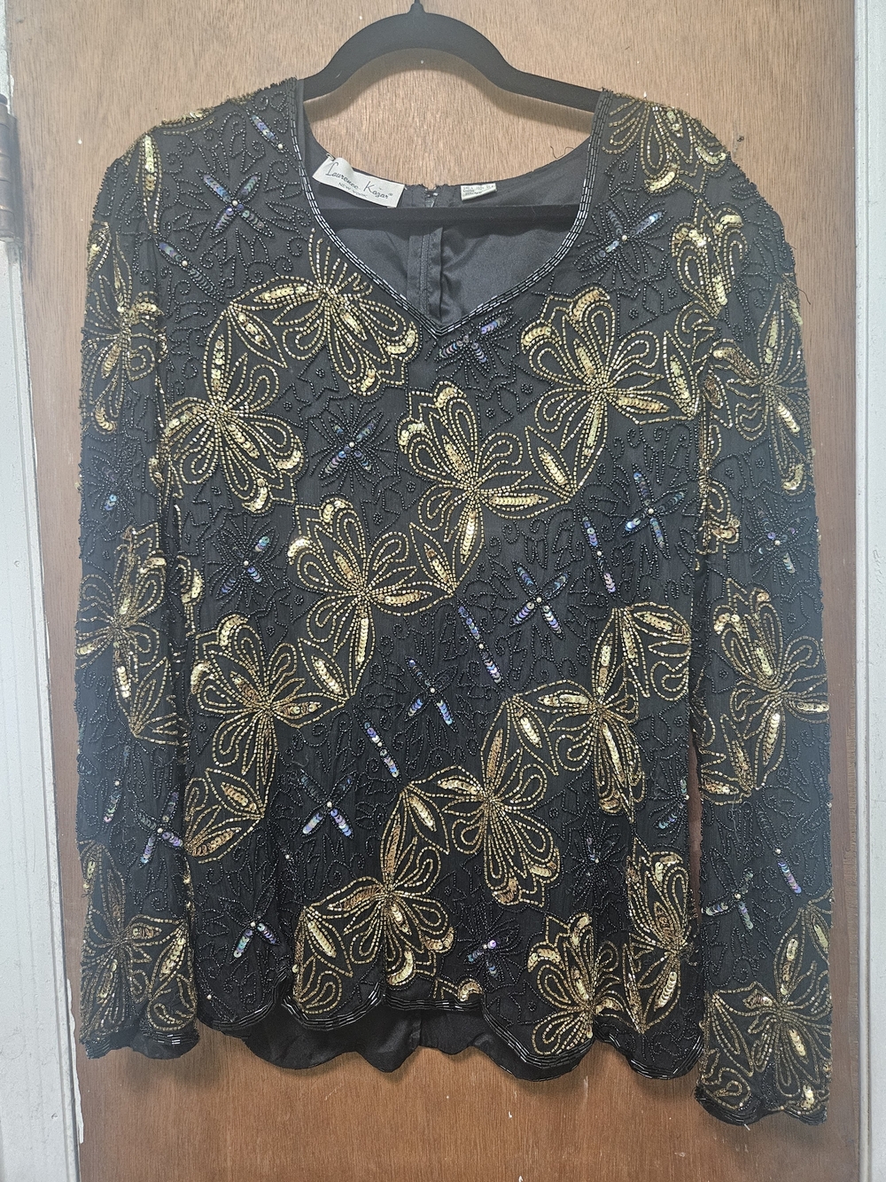 VTG Laurence Kazar Black Blouse with Gold Beaded Floral Motif